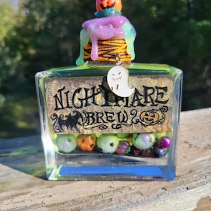 May include: A glass bottle filled with green liquid and colorful beads. The bottle has a label that reads "Nightmare Brew". The bottle is topped with a green, orange, and purple pumpkin with a ghost charm.