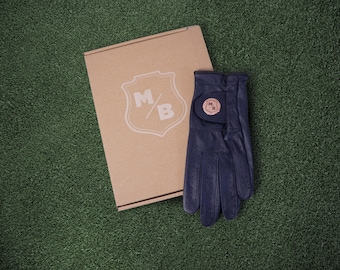 Gepersonaliseerde golfcadeauset: marineblauwe cabretta-leren handschoen, monogram balmarkering