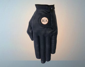 Gepersonaliseerde blauwe leren golfhandschoen met monogram balmarkering