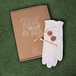 Personalised Golf Gift Set for Dad. Luxury Leather Golf Glove with Personalised Ball Marker and Personalised Tees in Gift Box.