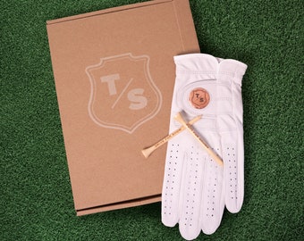 Gepersonaliseerde golfcadeauset: cabretta-leren handschoen, monogram balmarkering