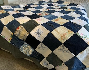 Patchwork Denim Jeans and Vintage Linens Embroidery Throw Blanket