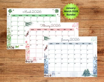 Bearbeitbare 2026-Kalender mit Platz für Notizen, JANUAR FEBRUAR MÄRZ 2026 Kalender-Download-Pdf-Bundle, druckbare Canva-Kalendervorlagen