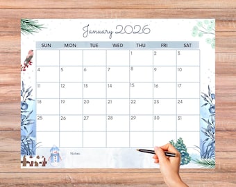 EDITIERBARER KALENDER 2026 mit Platz für Notizen, druckbare Kalendervorlage Januar 2026, Januar Planer Homeschool bearbeitbarer Kalenderplaner