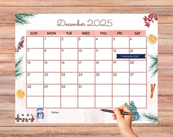 EDITIERBARER KALENDER 2025 mit Platz für Notizen, Dezember 2025 Druckbarer Kalender, Dezember Planer Vorlage Pdf, Winter Dezember Kalender pdf