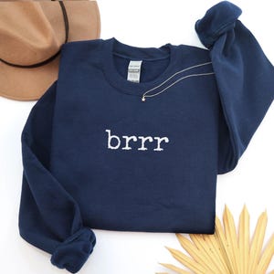 May include: A navy blue sweatshirt with the word "brrr" embroidered in white. A gold necklace with a star pendant is draped across the sweatshirt. A brown hat is visible in the background.