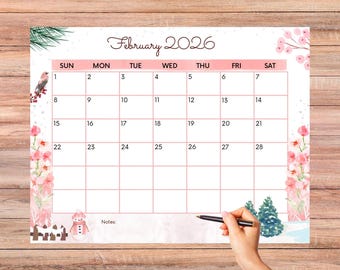 EDITIERBARER KALENDER 2026 mit Platz für Notizen, Februar 2026 Druckbarer Kalender, bearbeitbare Februar Vorlage Pdf, Februar Kalender Planer