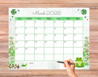 EDITIERBARER KALENDER 2026 mit Platz für Notizen, März 2026 Kalender druckbar, niedlicher März Vorlage Pdf, bearbeitbarer Märzkalender mit Notizraum