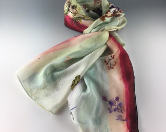 Burgundy Sage Foliage Digitally Designed and Printed Silk Scarf and Wrap