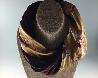 MAROON and GOLD EQUESTRIAN Print Silk Velvet Infinity Cowl Scarf