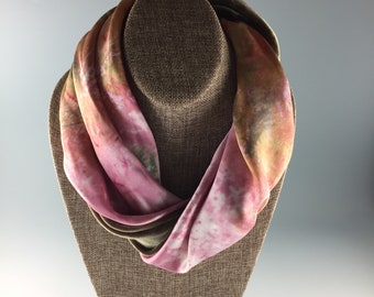 INFINITY COWL SCARF  Moss Green Silk Velvet with Pink Abstract Silk Lining Hand made