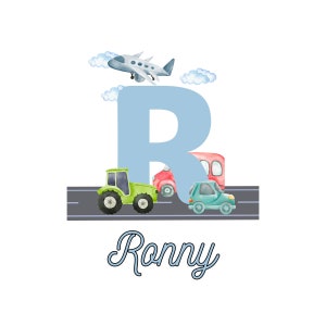May include: A light blue letter R with a green tractor, a red car, a blue car, and a grey airplane on a grey road. The name "Ronny" is written below the letter.