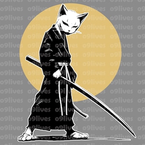 Samurai Cat with Katana Sword Clipart, Ronin Cat Svg, Samurai Cat Svg Png, Japanese Cat Svg, Manga Cat Svg File, Sublimation Design Download