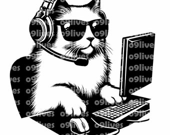 Gamer Cat Gaming Cat Playing on PC Clipart Sublimation Large Transparent PNG and SVG Digital Download