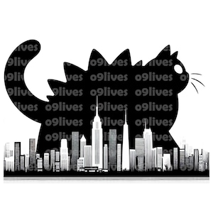 May include: A black silhouette of a cat with a city skyline inside its body. The cat is looking to the right and has a large, round eye. The skyline includes tall buildings, including the Empire State Building and the Chrysler Building.