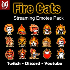 Pacchetto adesivi emote gatto fuoco Kawaii Hot Flames Cat Twitch Streaming Twitch Set Pack Discord Youtube Download digitale Streamer Grafica PNG