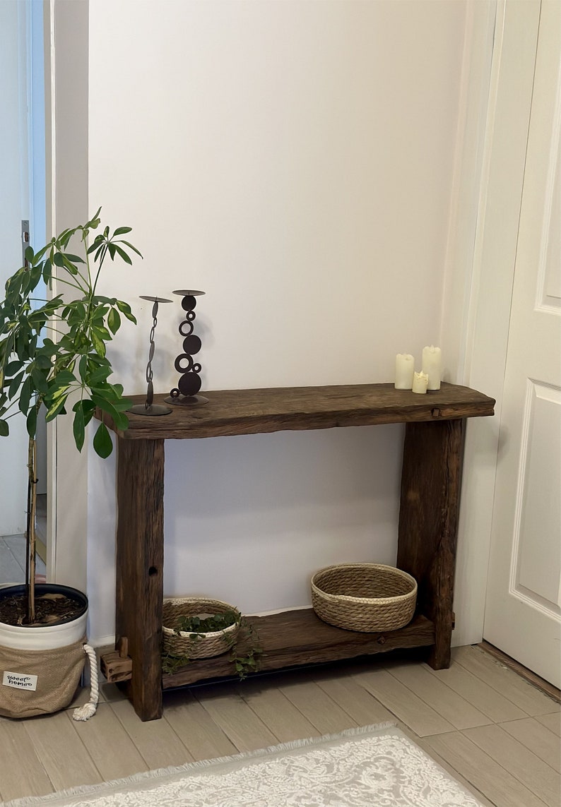 Reclaimed Wood Console Table Narrow, Oak Wood Console Table Modern Rustic, Narrow Entryway Table Wood, Rustic Entryway Console Table Oak zdjęcie 5