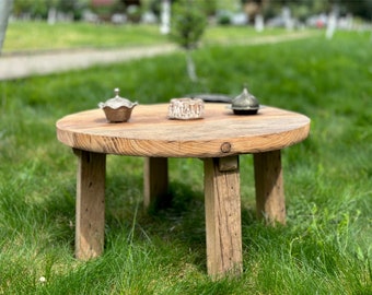 Mesa de centro redonda rústica de madera, mesa de centro de roble recuperada redonda, mesa de centro de madera natural recuperada, sala de estar de mesa de centro de granja