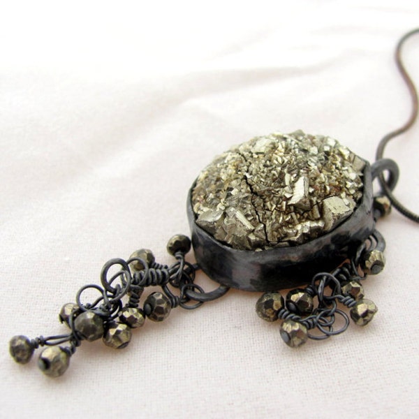 Rough Golden pyrite oxidized handmade sterling silver necklace gold sparkle rough glamour art jewelry