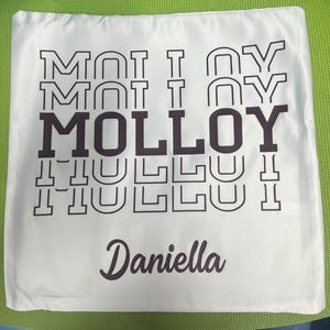 May include: White pillow with black text that reads "MOLLOY" in a retro style font. The name "Daniella" is written in cursive below the main text.