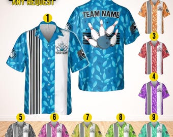 May include: Bowling-themed button-down shirts in various colors. The shirts feature bowling pin and ball graphics, with options for custom team names and personalized text. Designs include stripes and American flag accents.