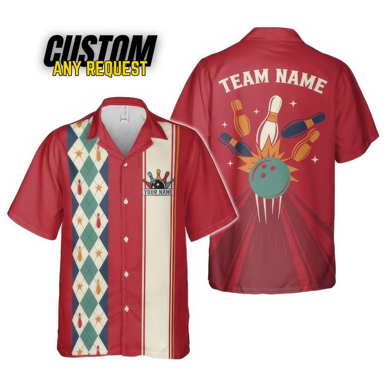 Personalized Retro Bowling Hawaiian Shirt, Custom Name Button Down Shirt, Matching Bowling Team Shirt, Bowling Lover Gift, Bowler Shirts BL3 image 2