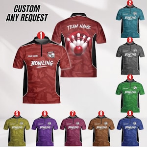 May include: A collection of bowling shirts in various colors, including red, teal, gray, green, yellow, purple, maroon, brown, and blue. Each shirt features the word "BOWLING" and a bowling pin and ball graphic. The text "CUSTOM ANY REQUEST" is also visible.