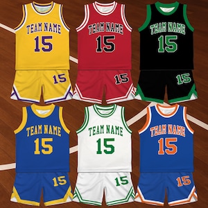May include: Six basketball uniforms in various colors: yellow, red, black, blue, white, and blue. Each set includes a sleeveless jersey and shorts, all featuring the text "TEAM NAME" and the number "15".