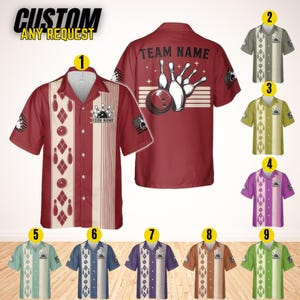 May include: A collection of bowling-themed button-down shirts in various colors. The shirts feature bowling pin and ball graphics, with the text "YOUR NAME" and "TEAM NAME" visible. The shirts have a retro design with vertical stripes and diamond patterns.
