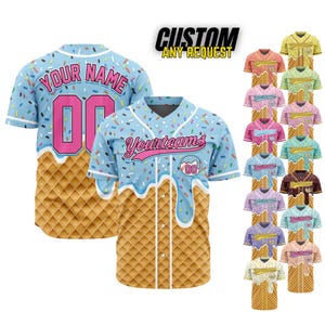 May include: Light blue baseball jersey with a waffle cone design, sprinkles, and the text "Your Name" and "Yourteams". The jersey has a pink number "00" on the front and back. Additional jerseys in various colors are displayed.