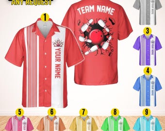 Personalized Retro Bowling Hawaiian Shirt, Custom Name Button Down Shirt, Matching Bowling Team Shirt, Bowling Lover Gift, Bowler Shirts BL7