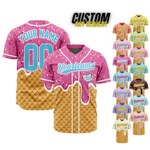 May include: Pink baseball jersey with a waffle cone design, sprinkles, and the text "Your Name" and "00". The jersey has a white collar and sleeves. A variety of other jersey colors are displayed.