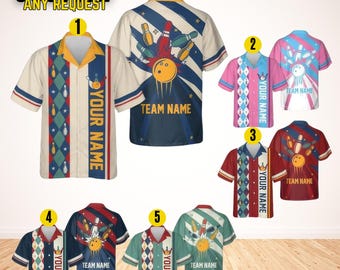 May include: Collection of bowling-themed button-down shirts. Each shirt features a bowling ball and pins design, with options in various colors like cream, blue, pink, red, and green. The shirts have personalized text areas for "YOUR NAME" and "TEAM NAME".