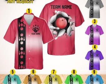 May include: A collection of bowling-themed button-down shirts in various colors. The shirts feature bowling pin and ball graphics, with options for custom text. The phrase "CUSTOM ANY REQUEST" is at the top.