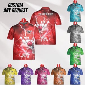 May include: A collection of bowling shirts in various colors, each featuring a bowling pin and ball design with lightning bolt accents. The shirts have a zip-up collar and the text "CUSTOM ANY REQUEST" is visible.