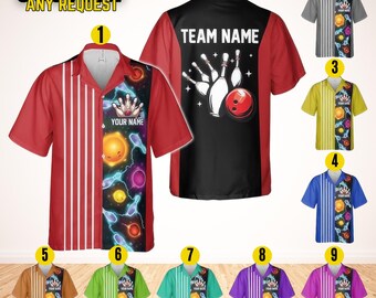 May include: Bowling shirts with a custom design. The shirts are available in various colors, including red, gray, yellow, blue, brown, green, teal, purple, and pink. Each shirt features a bowling-themed graphic and the text "YOUR NAME" and "TEAM NAME".
