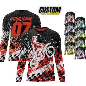 May include: Long-sleeved motocross jerseys in various colors, featuring a rider on a motorcycle graphic. The jerseys have a black, red, and white design with the text "CUSTOM ANY REQUEST" and "YOUR NAME" and the number "07".