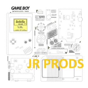 Könnte beinhalten: Ein schematische Darstellung eines Game Boy, mit dem Text "GAME BOY INTRODUCED: 1989" oben. Das Design umfasst interne Komponenten, Tasten und den Text "Burgertime Deluxe". Die Worte "JR PRODS" sind gelb.