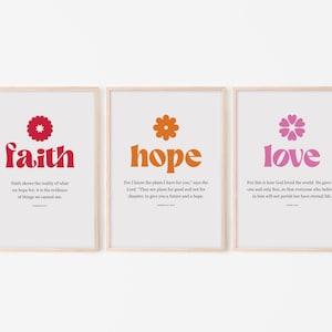 Faith Hope Love Set van drie kunstafdrukken voor aan de muur | Bijbelvers muurkunst | Retro christelijke prints | Afdrukbare muurkunst | Kleurrijke bijbelkunst