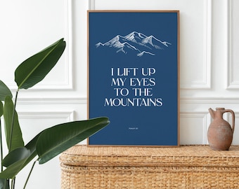Psalm 121 Mountain Print: Blue Christian Wall Art (Digital Download)