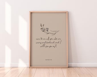Christian Wall Art  |  Matthew 11:28 Printable | Bible Verse Digital Download | Scripture Home Decor
