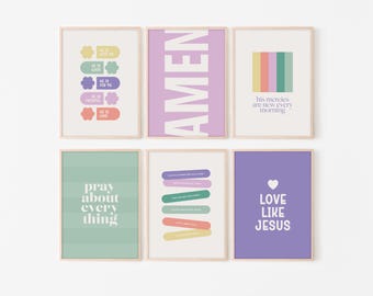 May include: Six framed art prints with inspirational quotes in pastel colors. The prints feature phrases like "Amen," "Love Like Jesus," and "Pray About Everything." Each print has a minimalist design with text and simple graphics.
