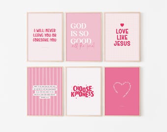 May include: Six framed art prints with inspirational quotes in pink and red. The prints feature phrases like "God is so good" and "Love like Jesus." The frames have a light wood finish.