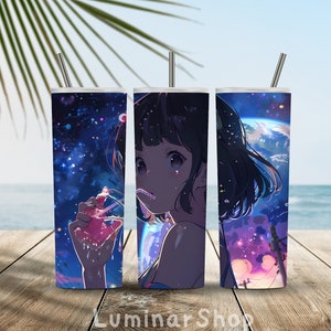Anime the woman is drinking water in the Galaxy    NamePackage: The Adorable Galaxy Drinker Skinny Tumbler and Free gift