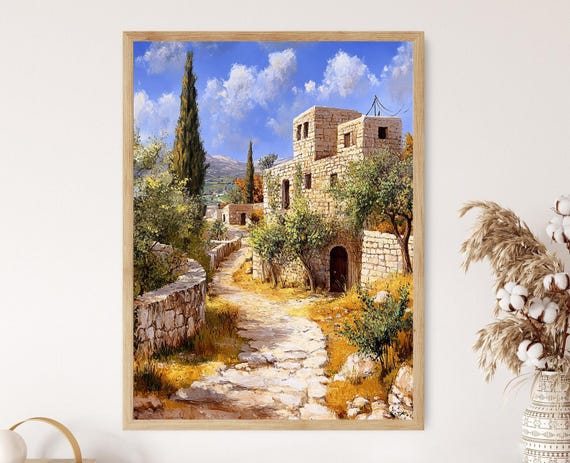 Palestinian Village Art Print, Stone Houses and Olive Trees, Rural Landscape