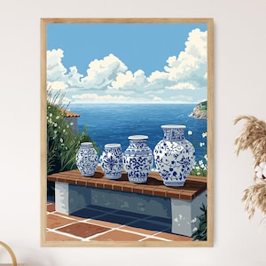 May include: A framed print featuring four blue and white decorative vases on a wooden bench overlooking the sea. The artwork depicts a sunny day with a blue sky and white clouds, evoking a coastal theme.