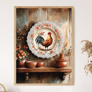 May include: A framed artwork featuring a decorative plate with a rooster illustration. The plate is adorned with floral patterns and a lace-like edge. The artwork includes a wooden shelf with pottery and floral accents, set against a rustic wooden background.