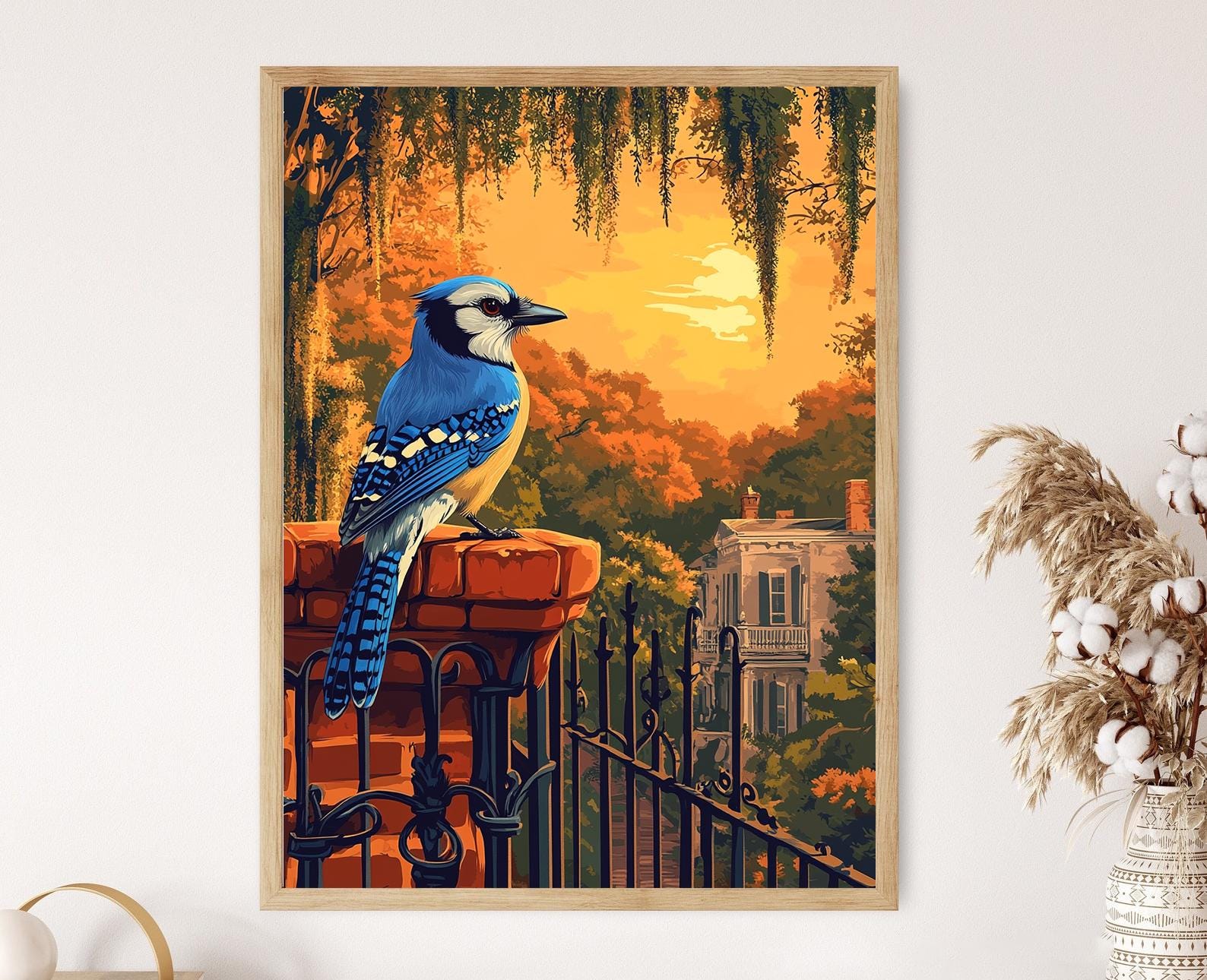 Blue Jay Art Print: Savannah Sunset, Mossy Oaks, Terracotta Tiles