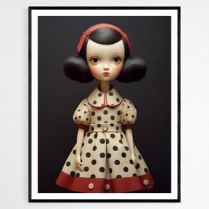 Estampado de muñeca con vestido de polka, elegante obra de arte hecha a mano, ideal para decoración de habitación de niñas, regalo de cumpleaños reflexivo