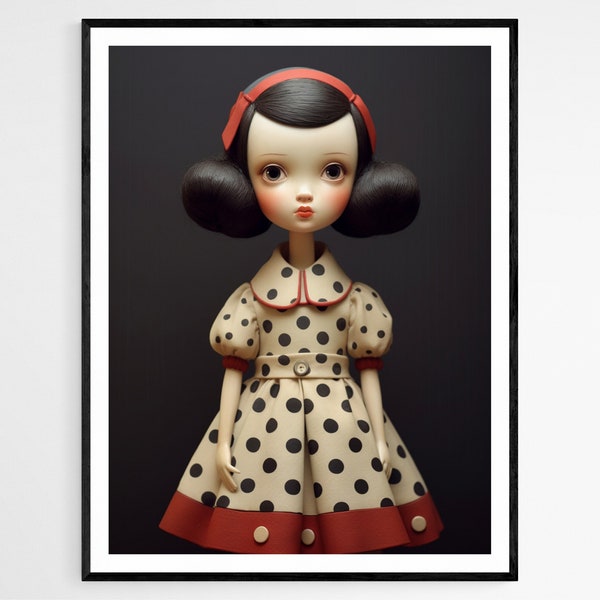 Polka Dress Doll Print, Elegant Handmade Artwork, Ideal for Girls Room Decoration, Thoughtful Birthday Gift